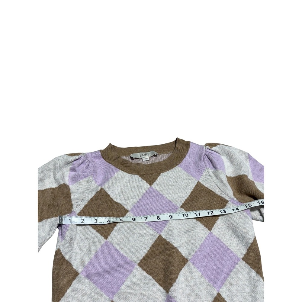 LOFT Argyle Sweater XS Pink Beige Cream Puff Sleeve Soft Knit Womens - Picture 5 of 6